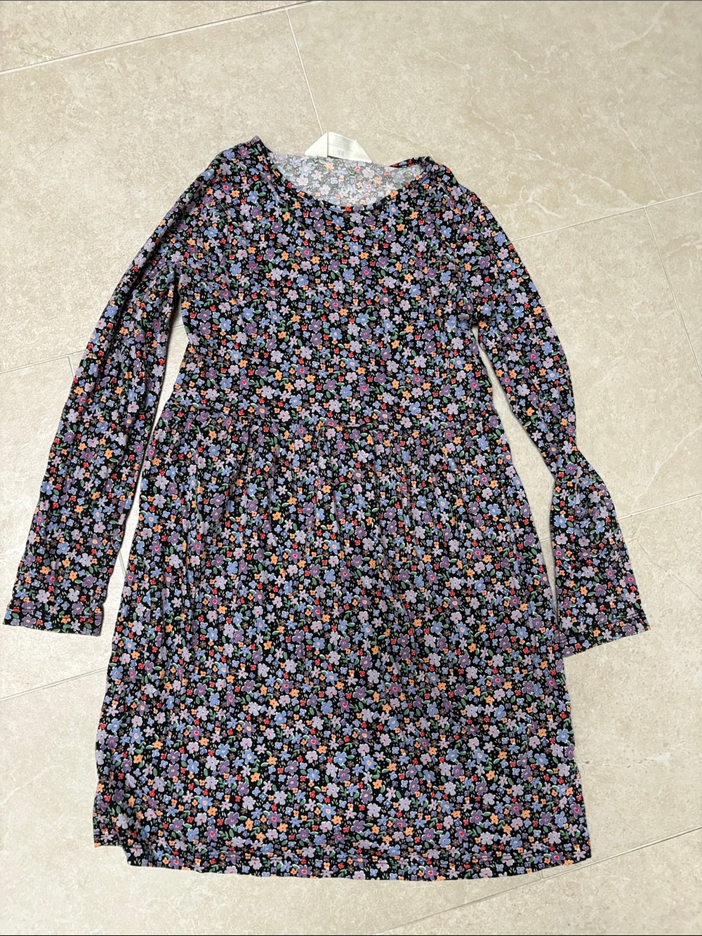 H&M Black Floral Long-Sleeve Dress with Pink, Purple & Orange Flowers size 8-10